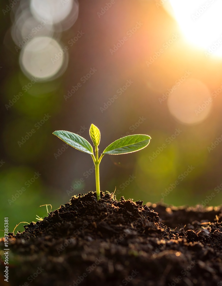 Fototapeta premium Young sprout emerging from soil, bathed in sunlight