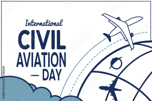 International Civil Aviation Day. Modern airplanes flying above stylized globe with air routes and clouds. Flat vector illustration.

