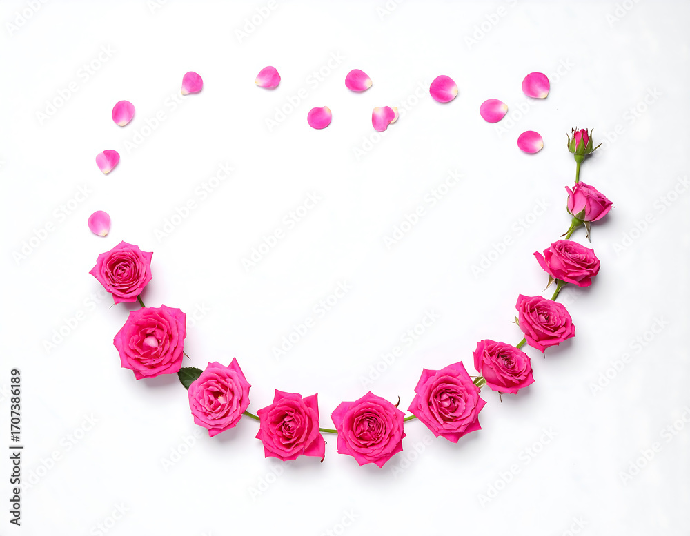 Obraz premium Pink roses arranged in heart shape on white background with scattered petals
