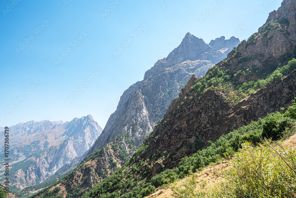 Naklejka premium The scenic view of Reşko summit in the Sat (Cilo) mountains, Serpel and Horgedim plateau with its glaciers and glacier rivers in Hakkari, Turkey.