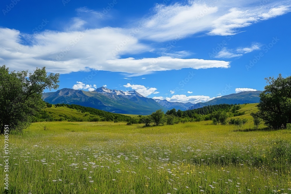 Fototapeta premium Wide shot of a sunny meadow, trees, and mountains. Lush greenery, fluffy clouds