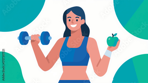 illustration of a woman holding a barbell and an apple vector design template