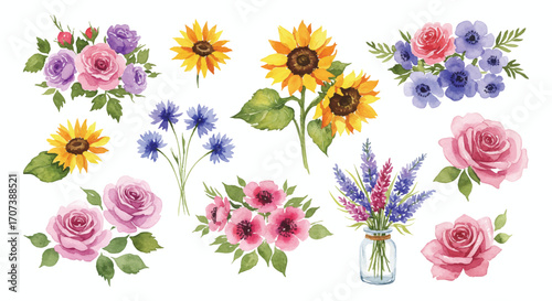 A beautiful vector watercolor flower illustration set with hand-painted botanicals like roses, sunflowers, lavender, and cornflowers.