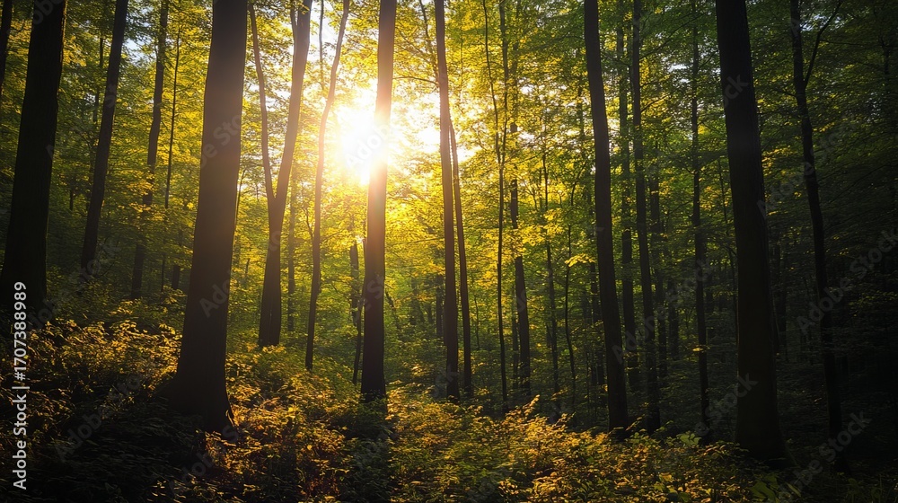 Obraz premium Sunlight streams through a dense forest, illuminating tall trees