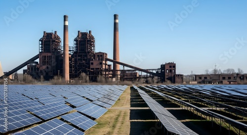 The transition from fossil fuels to clean energy, showcasing a decommissioned coal power plant with a new solar panel farm in the foreground.