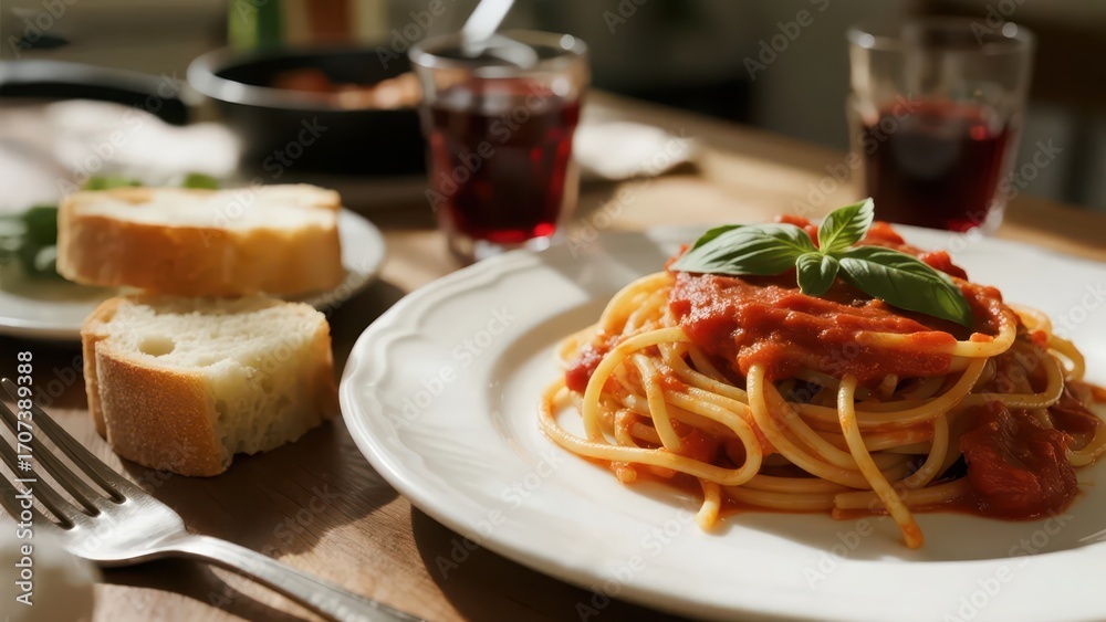 Fototapeta premium A plate of pasta with tomato sauce and basil leaves, accompanied by bread and red wine, fully shows the attractive flavor of Italian cuisine.
