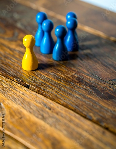 A single yellow game piece stands apart from a cluster of blue game pieces on a wooden surface
