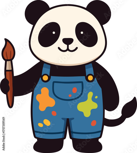 Panda painter in overalls holding a brush
