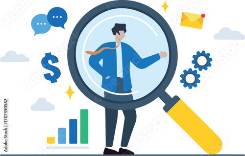Flat illustration of businessman on magnifying glass transparency
