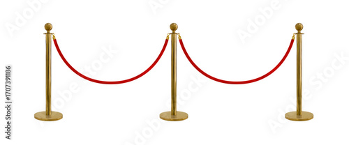 Schilderij op canvas Red velvet rope barrier and 3 golden stanchions poles isolated