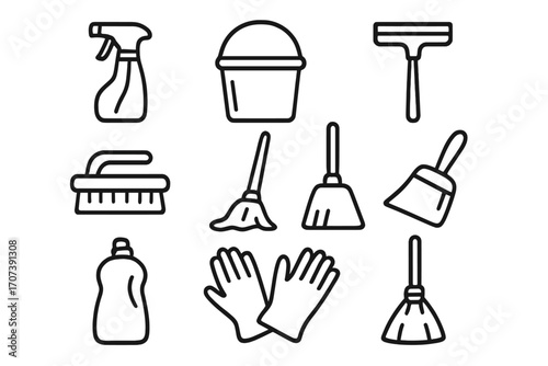 Cleaning tools simple line icon set. Vector illustration for housekeeping and home maintenance. Essential equipment symbols: broom, mop, bucket, spray, brush, gloves, squeegee.