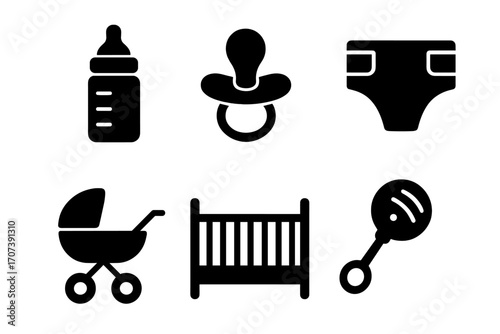 Baby icons set with bottle, pacifier, diaper, stroller, crib, and rattle. Newborn essentials collection. Simple black silhouette vector graphics for baby shower design.