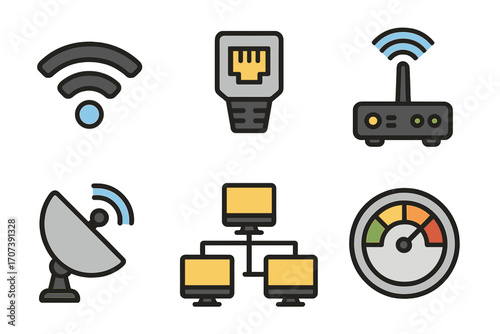 Internet connectivity icon set. Wifi, ethernet cable, router, satellite dish, computer network, and speed test meter. Wireless data communication technology symbols.