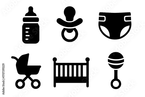 Baby care icon set. Black silhouette symbols for newborn essentials. Bottle, pacifier, diaper, stroller, crib, and rattle. Childcare and parenting vector graphics.
