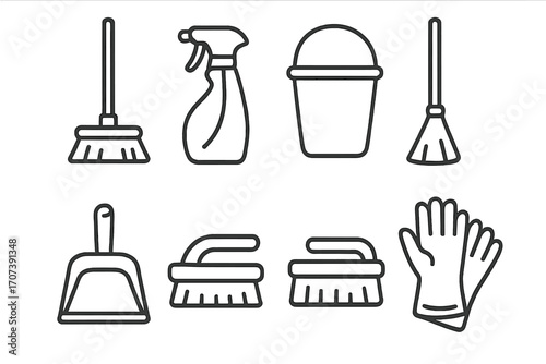 Cleaning tools line icon set. Household essentials for home maintenance and housework. Vector symbols for cleaning service. Broom, spray bottle, bucket, brush, gloves pictogram.