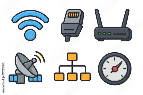 Connectivity icon set vector cartoon. Internet connection concept with wifi, ethernet cable, router modem, satellite dish, network server and internet speed test meter.