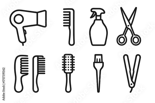 Hair salon and hairdresser tools line icon set. Barber equipment outline vector illustration. Collection of simple icons: hairdryer, comb, scissors, brush, straightener.