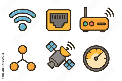 Connectivity icon set vector cartoon illustration. Wifi, ethernet, router, satellite, network, and internet speed symbols. Wireless and wired communication technology signs.