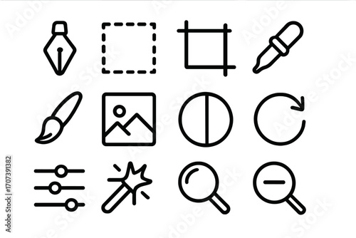 Editing tools icon set. Graphic design interface elements. Simple line art for photo editor app. Vector illustration of crop, pen, brush, zoom, magic wand, eyedropper.