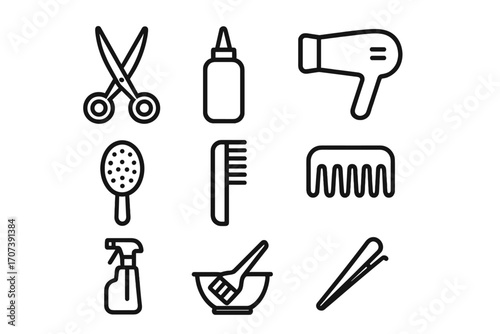 Hair salon tools line icon set. Hairdresser equipment symbols. Professional barber accessories collection. Vector graphic elements for beauty and styling. Scissors, comb, brush.