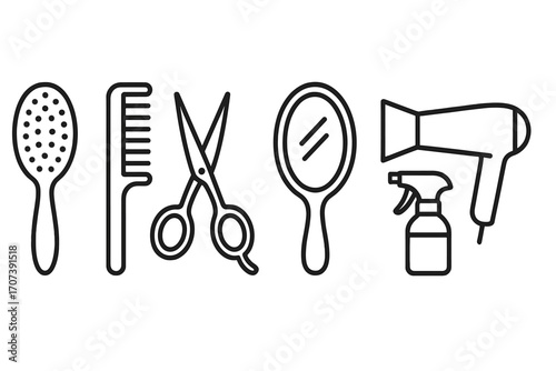 Hairdressing tools icon set for barber shop. Hair styling essentials collection: brush, comb, scissors, mirror, hairdryer, spray bottle. Linear vector graphic design element.