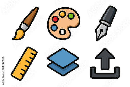 Essential design tool icon set. Paintbrush, palette, pen, ruler, layers, upload. Vector cartoon illustration for graphic design, drawing, digital art, UI elements.