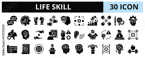 30 Life Skill Glyph Icons Vector - Decision Making, Leadership, Stress Management, Self Awareness, Organization, Mindfulness, Optimistic 