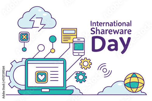 International Shareware Day Vector Illustration with Computer, Software Icons, Cloud Sharing, and Interconnected Devices in Modern Minimalist Style