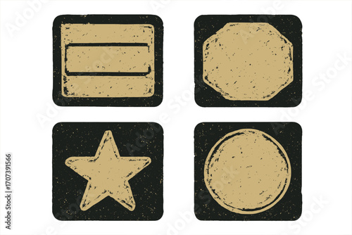 Set of grunge badge icons. Distressed textured vector shapes for design. Vintage stamp collection with star, circle, octagon, and rectangle labels. Retro graphic elements.