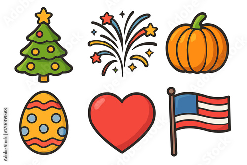 Holiday icons set for major celebrations. Christmas tree, fireworks, pumpkin, Easter egg, heart, American flag. Vector cartoon illustration collection for festive events.
