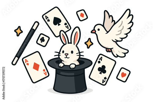 Magic show vector icon set. Cartoon rabbit in a magician top hat, white dove, magic wand, and flying ace playing cards. Illusion, trick, entertainment, and circus performance.