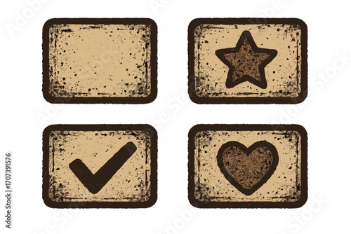 Grunge vector icon set. Rectangle emblems with star, heart, and checkmark. Retro stamp collection for design. Empty badge template. Vintage textured graphic elements.