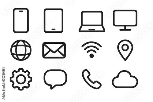 Minimalist icon set for technology and communication. Line icons for web and mobile. Smartphone, tablet, computer, cloud, and location symbols. Vector business graphics.