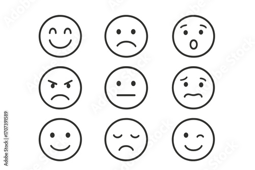 A set of linear face expression icons. Includes happy, sad, angry, surprised, neutral emotions. Vector cartoon emoticons for customer feedback or mood survey. Simple outline style.