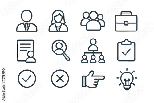 Business and human resources vector line icon set. Minimalist icons for HR, management, recruitment, personnel search, career, teamwork. Employee, resume, hierarchy, idea symbols.