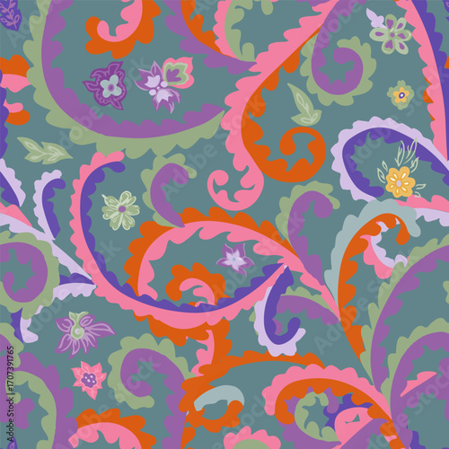 Teal Background Paisley Seamless Pattern