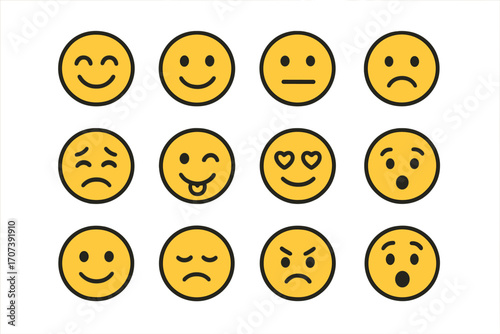 Emoji collection expressive face icons. Vector cartoon illustration set of simple emoticons. Minimalist characters with different emotions like happy, sad, angry, love. Smileys.