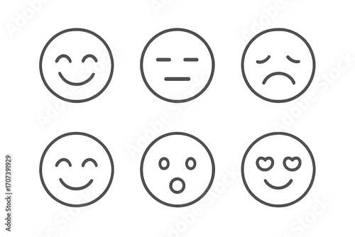 Minimalist emoji faces icon set. Linear design emoticon collection. Vector cartoon illustration of smileys with various expressions: happy, sad, love, surprised, neutral.