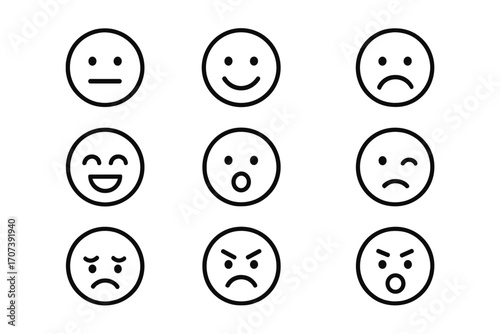 Minimalist emoji set with various expressions in a linear style. Icon collection for social media and UI designs. Vector emoticons showing emotions for user feedback or rating.
