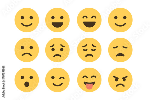 Yellow cartoon emoji set. Minimalist flat vector icons with diverse facial expressions. Smileys for customer satisfaction feedback, rating scale, and various emotional moods.