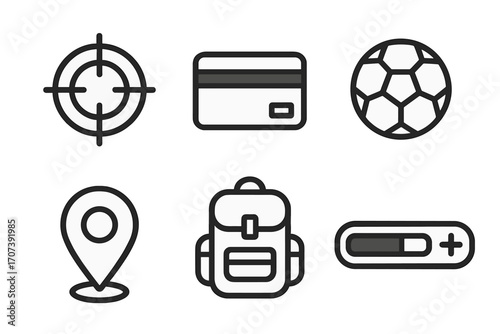 Gaming icon set for UI and UX design. Minimalist line art vector collection. Symbols for aim target, payment, sport, map location, inventory backpack, and health XP bar.