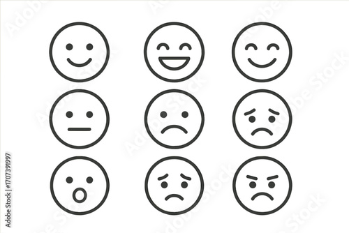 Minimalist emoji set with linear expressions for modern communication. Vector icons for feedback, mood, and customer experience. Smile face simple cartoon collection.