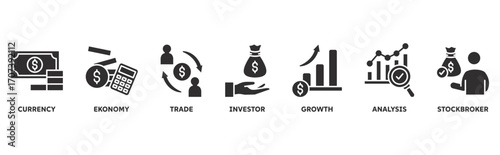 Forex icon set illustration illustration concept with icon of currency, economy, trade, investor, growth, analysis, stockbroker 