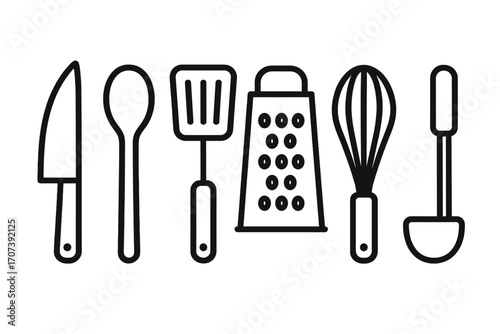 Kitchen utensils line icon set. Cooking tools collection with knife, spoon, spatula, grater, whisk, ladle. Minimalist outline vector illustration for culinary design.