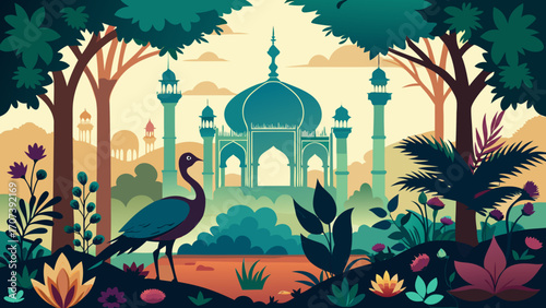 Illustration of a beautiful mosque with a bird in a lush garden
