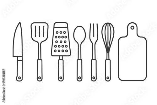 Kitchen utensils line icon set. Minimalist vector graphic of cooking tools. Knife, spatula, grater, spoon, fork, whisk, and cutting board. Culinary symbols for food preparation.