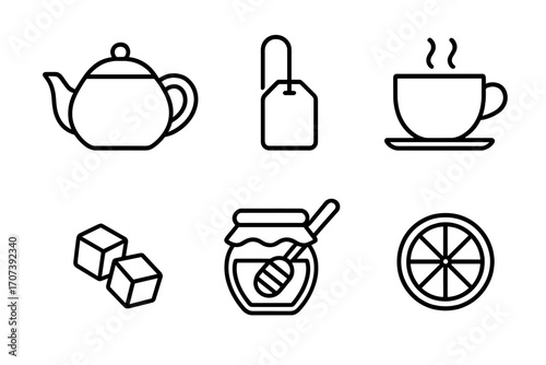 Tea time line icon collection. Minimalist vector set with teapot, teabag, hot cup, sugar cubes, honey jar, and lemon slice. Isolated graphic elements for beverage design.