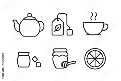 Tea time line icon set. Minimalist vector icons of teapot, teabag, hot cup, sugar cubes, honey pot, and lemon slice. Essential beverage and breakfast elements for cafe menu.