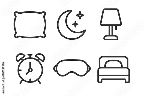 Minimalist sleep essentials line icon set. Vector symbols for bedtime, relaxation, and healthy sleep routine. Includes pillow, moon, lamp, alarm clock, sleep mask, and bed.