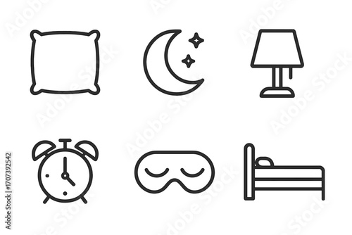 Sleep icons set. Minimalist line art collection with pillow, moon, lamp, alarm clock, eye mask, bed. Vector graphic symbols for bedtime routine, rest, good night, dreaming.